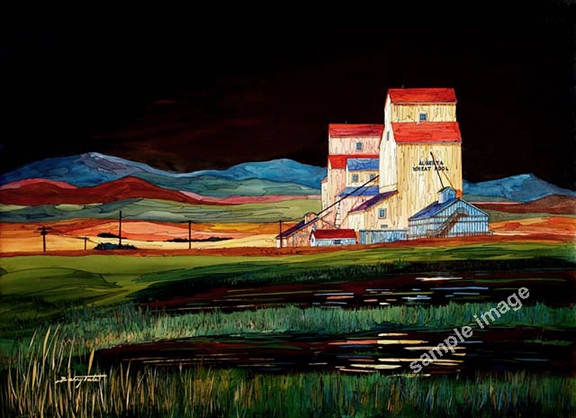 A dramatic painting of an Alberta wheatpool with dark sky by Barry Tate