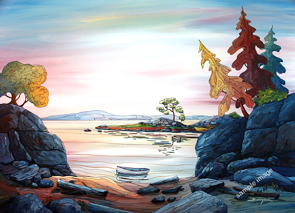 Arbutus And Dingy is a west coast painting of a small skiff in a bay with an Arbutus tree