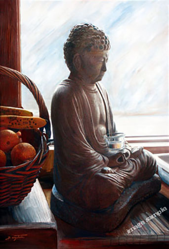 A painting of a Buddha statue by Barry Tate
