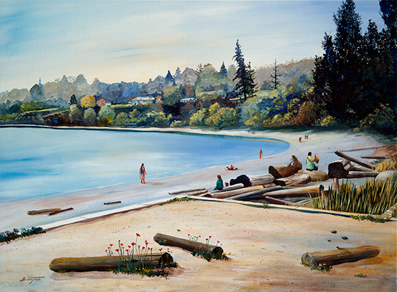 A realistic painting of Cadboro Bau beach on Vancouver Island BC by artist Barry Tate