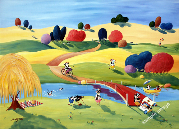 This is a funny cow painting of cows picknicing on their weekend off.