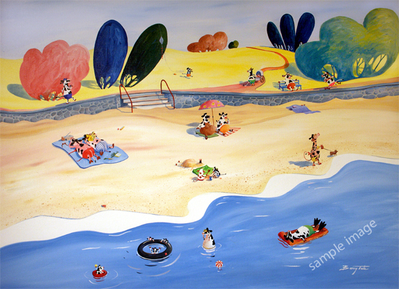 A humorus painting of funny cows at the beach 