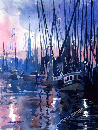 Days End is a loose watercolor of a fishing fleet tied up on a wharf at night, by Barry Tate