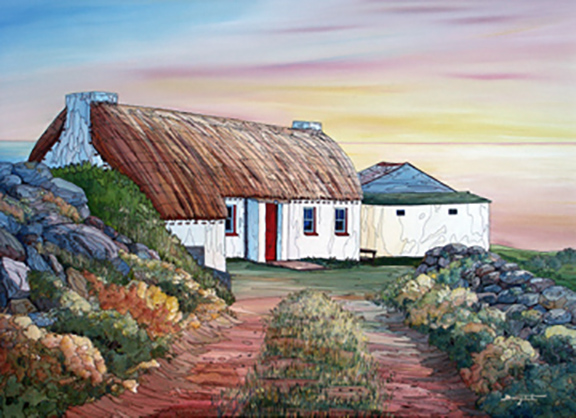 This is a painting of an old homestead in Donegal Ireland, by Barry Tate
