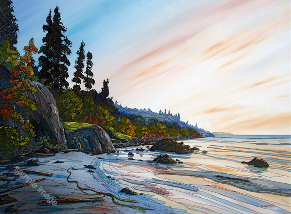 Golden orange and blue sunset scene of a beach in East Sooke BC, near Victoria