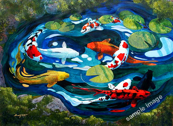 Enchanted waters is a colorful painting of koi fish in a moss covered pond and is designed to promote good feng shui