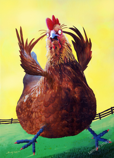 This is a funny chicken painting of a histerical chicken, by Barry Tate