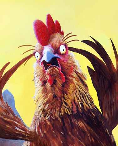 This is an acrylic painting of a rooster singing