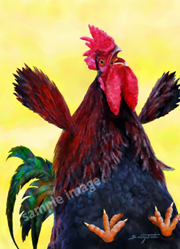 This is an acrylic painting of a rooster singing