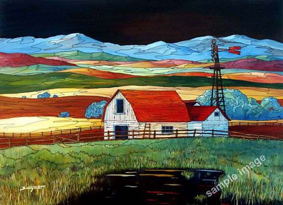 This is a farm painting with a windmill and dramatic prarie sky