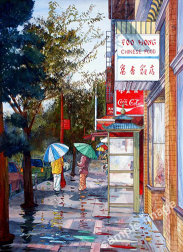 This is a painting of China Town in Victoria BC with the historic Foo Hongs restaurant in the forground.