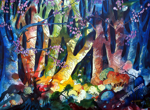 This is a cheerful rainbow colored interpretive style painting of a forest.