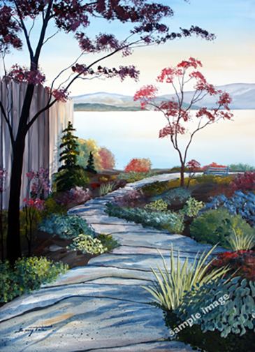 This is a realistic painting of an inviting stone pathway near Cadboro Bay, Victoria BC