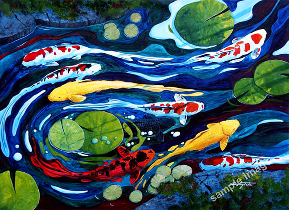 Good Luck Pond 5 is a colorful koi painting by Barry Tate and is made to encourage good feng shui