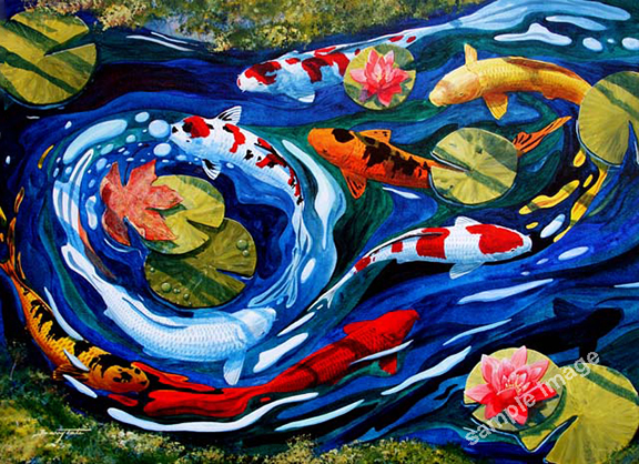 A painting of koi fish swimming around a maple leaf to promote good feng shui