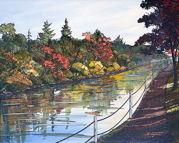 A painting of the Gorge Waterway and swans in Victoria B.C.