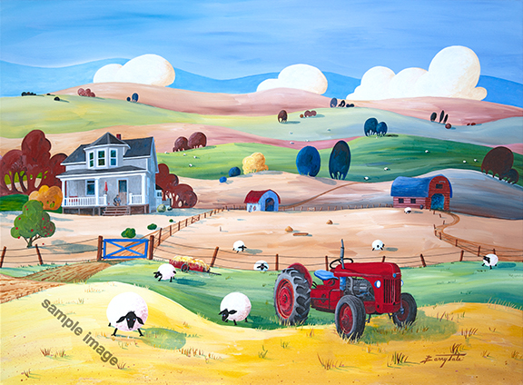 Sheep and tractor fun farm painting by Barry Tate