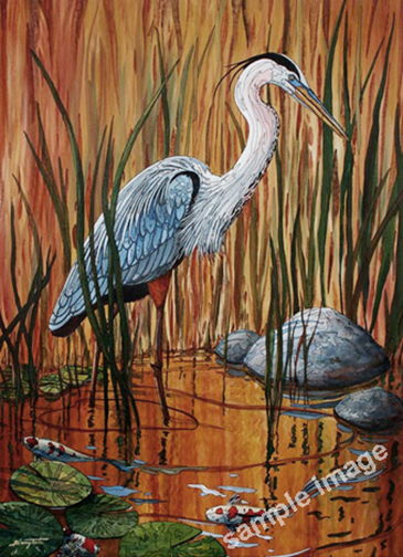 A Great Blue Heron painting with Koi fish.