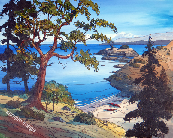 This is a painting of two red kayaks on the beach of a small hidden cove near Sooke BC.