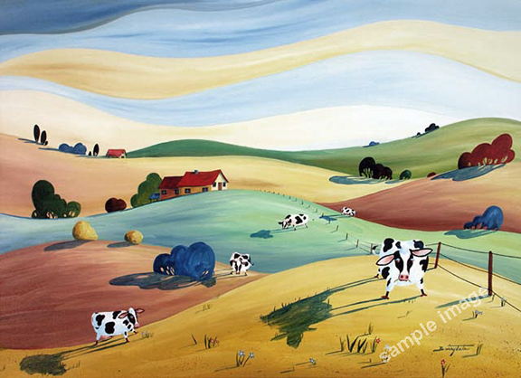 Holstein cow painting with red barn, by Barry Tate