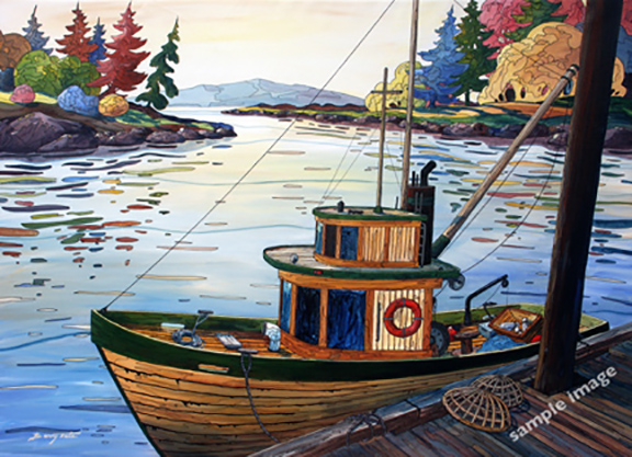 A painting of an old crab fishing boat and wharf with crab nets