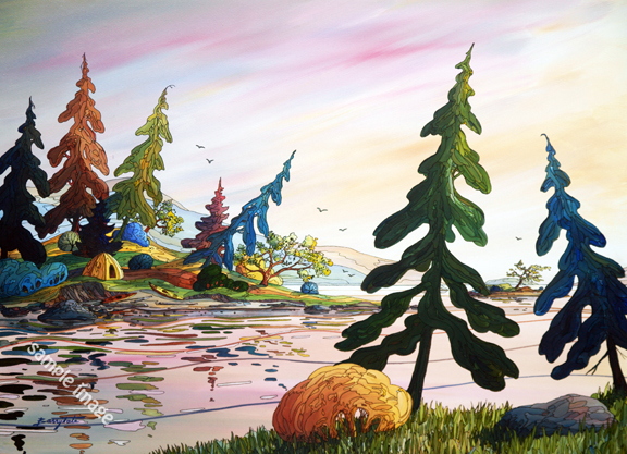 This is a unique painting of kayaks and a camp tent in the gulf islands.