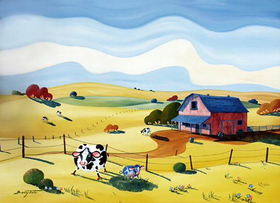 Keeping Cool is a funny cow painting. A painting of a little calf who has found a nice bit of shade in the heat of day.