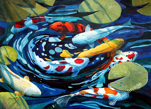 A painting of koi in a lily pond featuring 8 fish for good feng shui