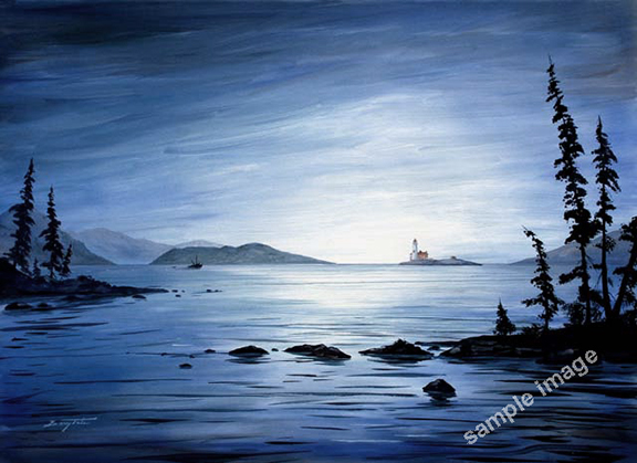 This is a blue themed painting of a lighthouse at dawn.