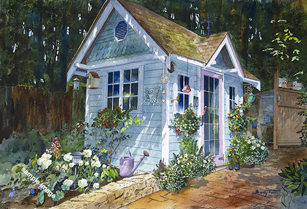 Madrona Cottage watercolor painting by Barry Tate