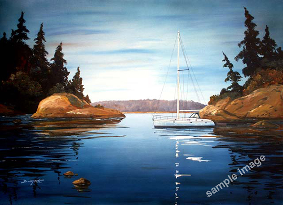 Malispina Inlet near Nanaimo BC with a white sail boat- painting by Barry Tate