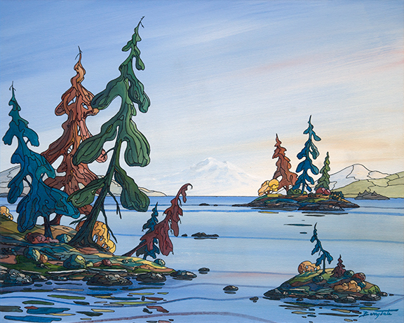 Mt Baker painting with some gulf islands and Salish Sea in the forground 