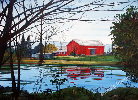 An old red barn and pond painting using a unique interpretive style, by Barry Tate