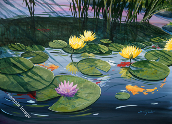  A painting of a pond with lily pads and koi fish by Barry Tate