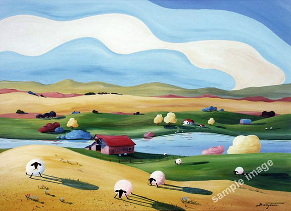 A fun and colorful painting of a sheep farm on the prairies, by Barry Tate