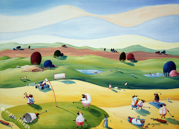 This is a painting of sheeps golfing!