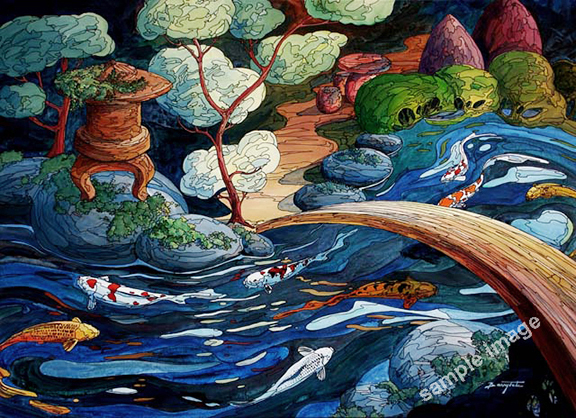 Spirit house with 9 koi fish (including a black one), for good feng shui