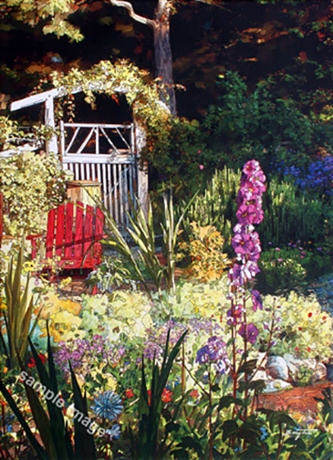 A painting of the flower gardens at Hollyhock on Cortez Island.