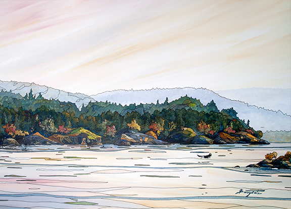 Sooke Point BC east side with orca pod, painting by Barry Tate