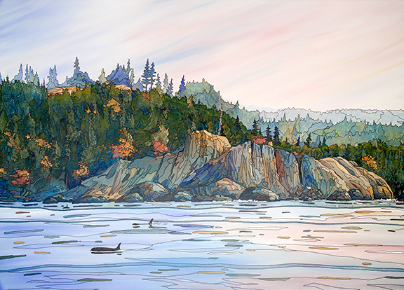 Sooke Point BC with orcas- painting by Barry Tate
