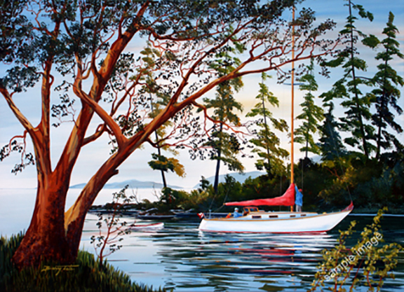 This is a painting of a white and red sail boat cruising through an island passage, by Barry Tate