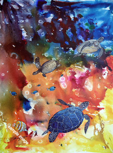 This is a colorful underwater painting of turtles swimming amongst tropical fish.