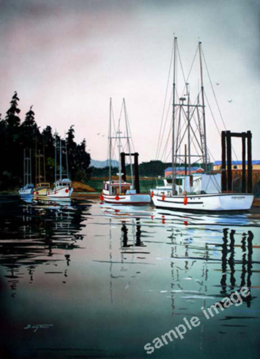 A painting of fishing boats at Ucluelet BC