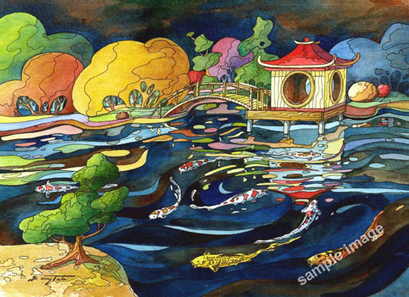 Colorful koi fish in a water garden. An interpretive style feng shui painting by Barry Tate