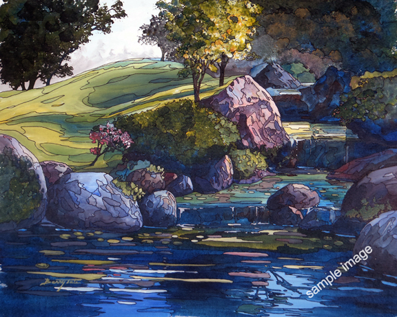 Waterfall And Sunlight is an interpretive style acrylic painting of a small falls and quiet pool, by Barry Tate